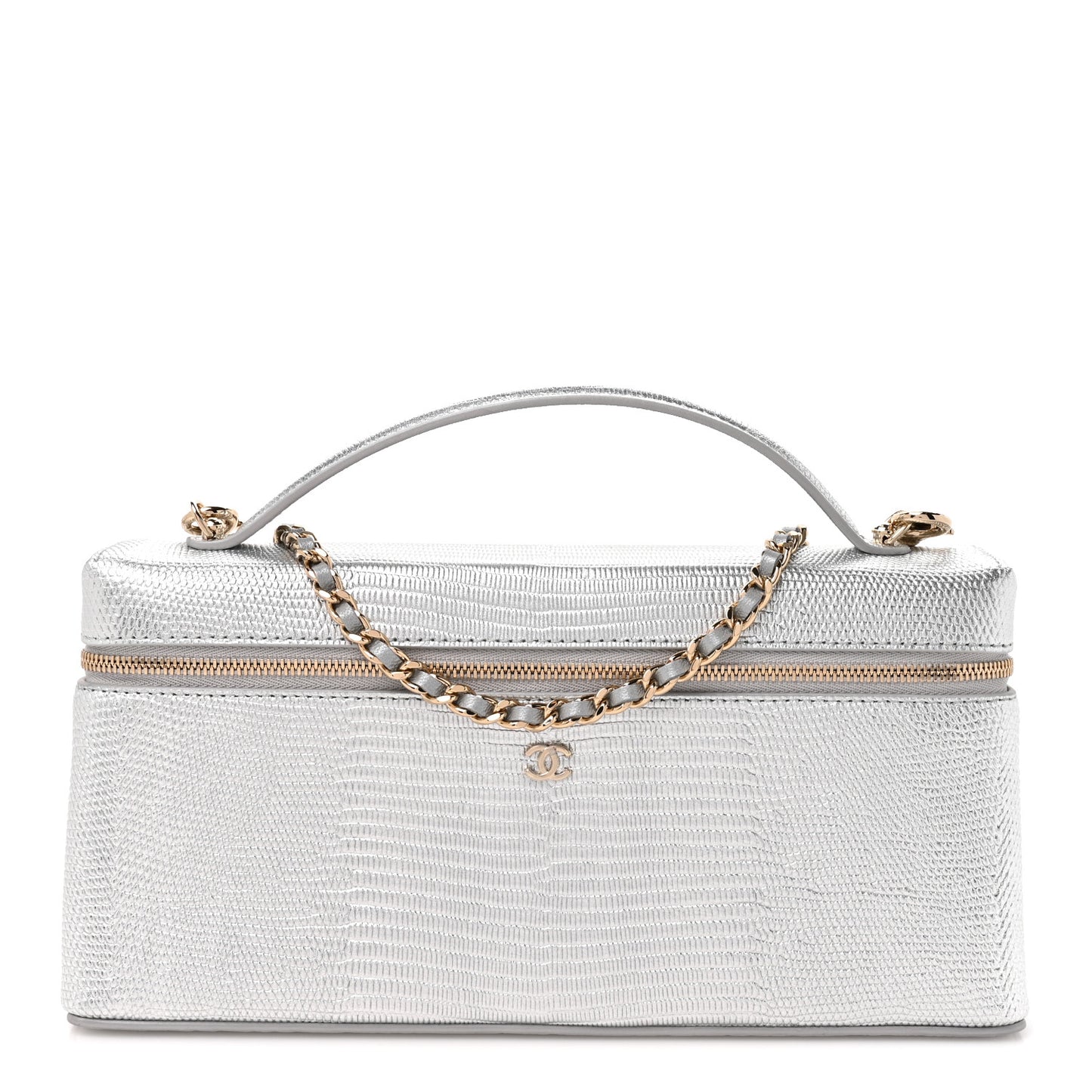 Lizard Embossed Calfskin Top Handle Slim Vanity With Chain Silvery
