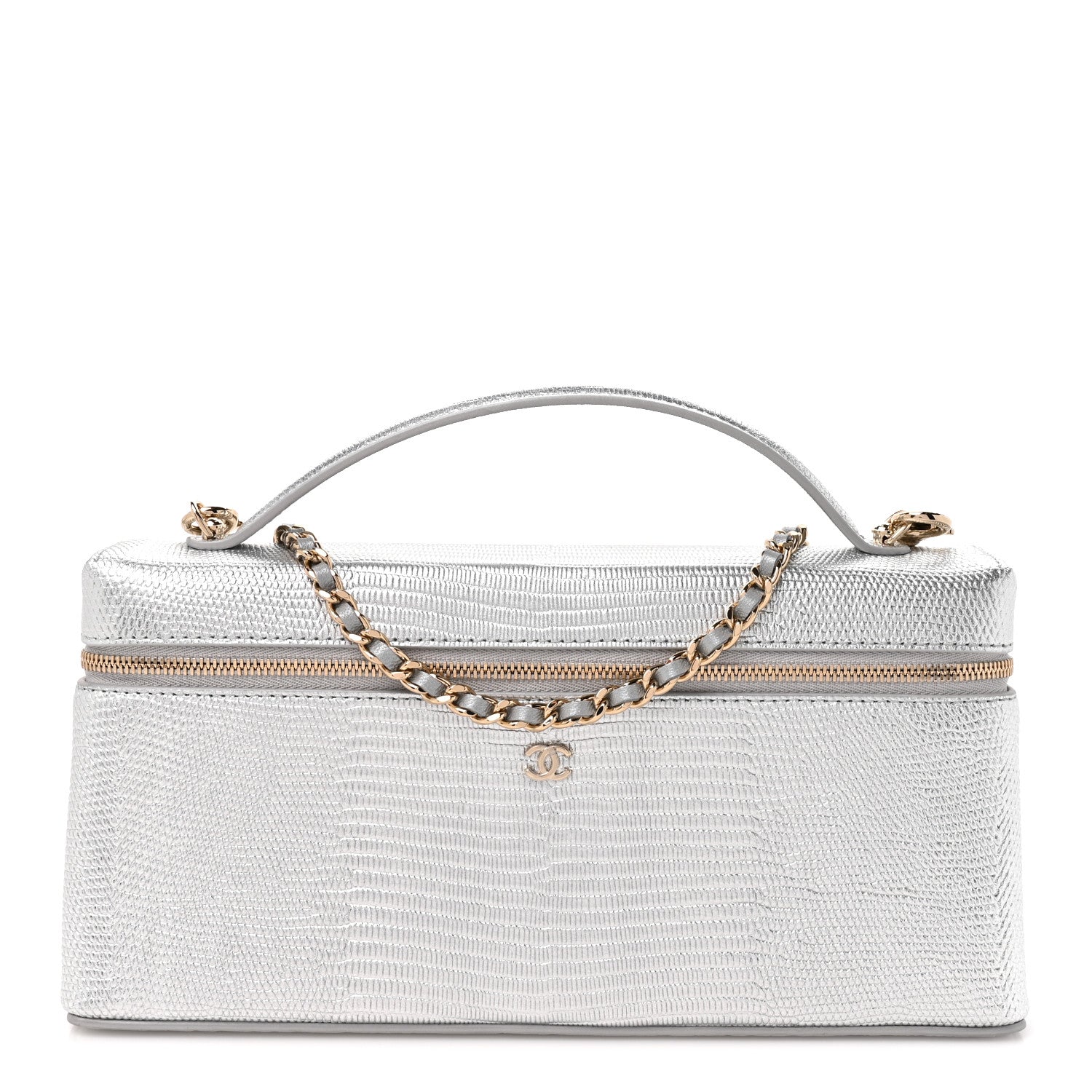 Chanel Lizard Embossed Calfskin Top Handle Slim Vanity With Chain Silvery 1 of 11