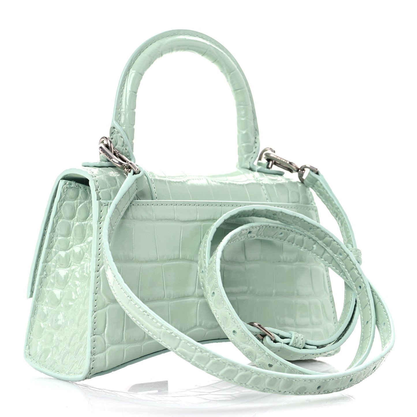 Shiny Calfskin Crocodile Embossed Hourglass Top Handle Bag XS Light Green