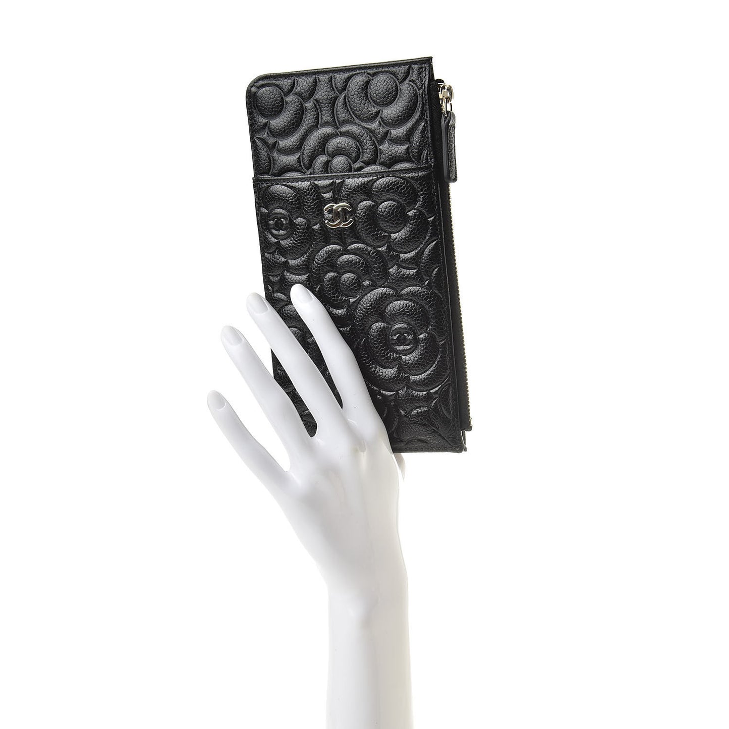 Caviar Camellia Embossed Classic Flat Wallet Pouch Black