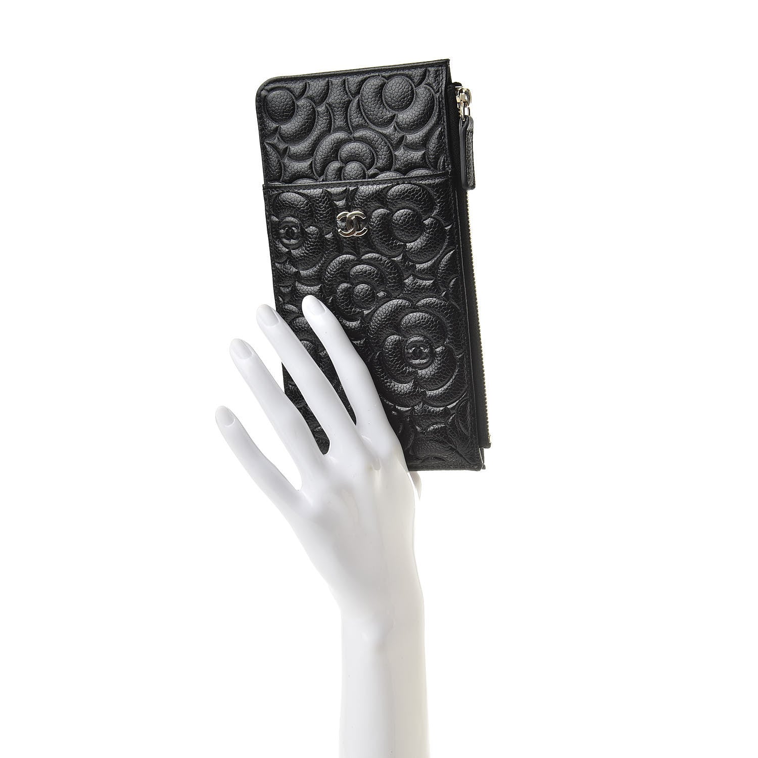 Chanel Caviar Camellia Embossed Classic Flat Wallet Pouch Black 2 of 8