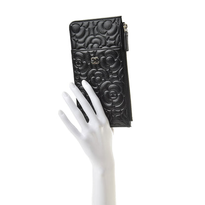 Chanel Caviar Camellia Embossed Classic Flat Wallet Pouch Black 2 of 8