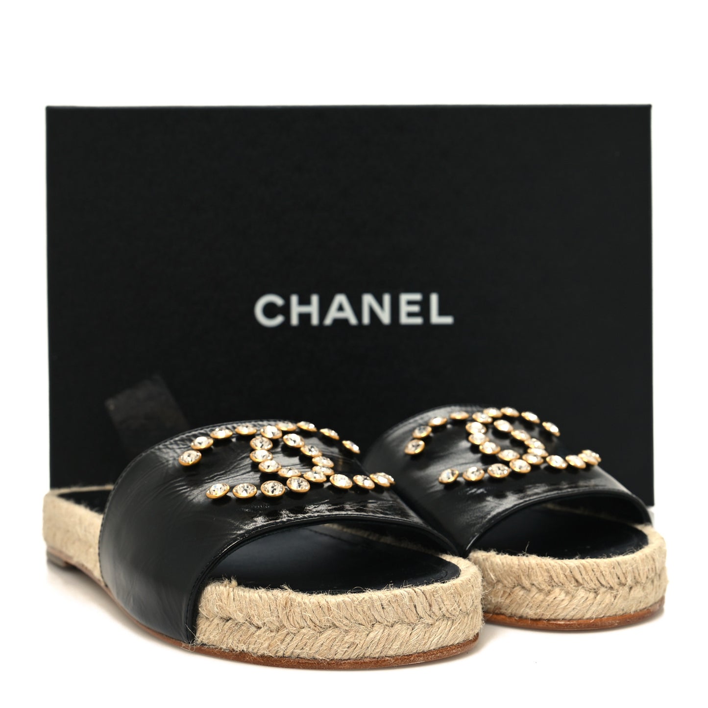 Patent Calfskin Crystal CC Espadrille Slip On Sandals 38 Black