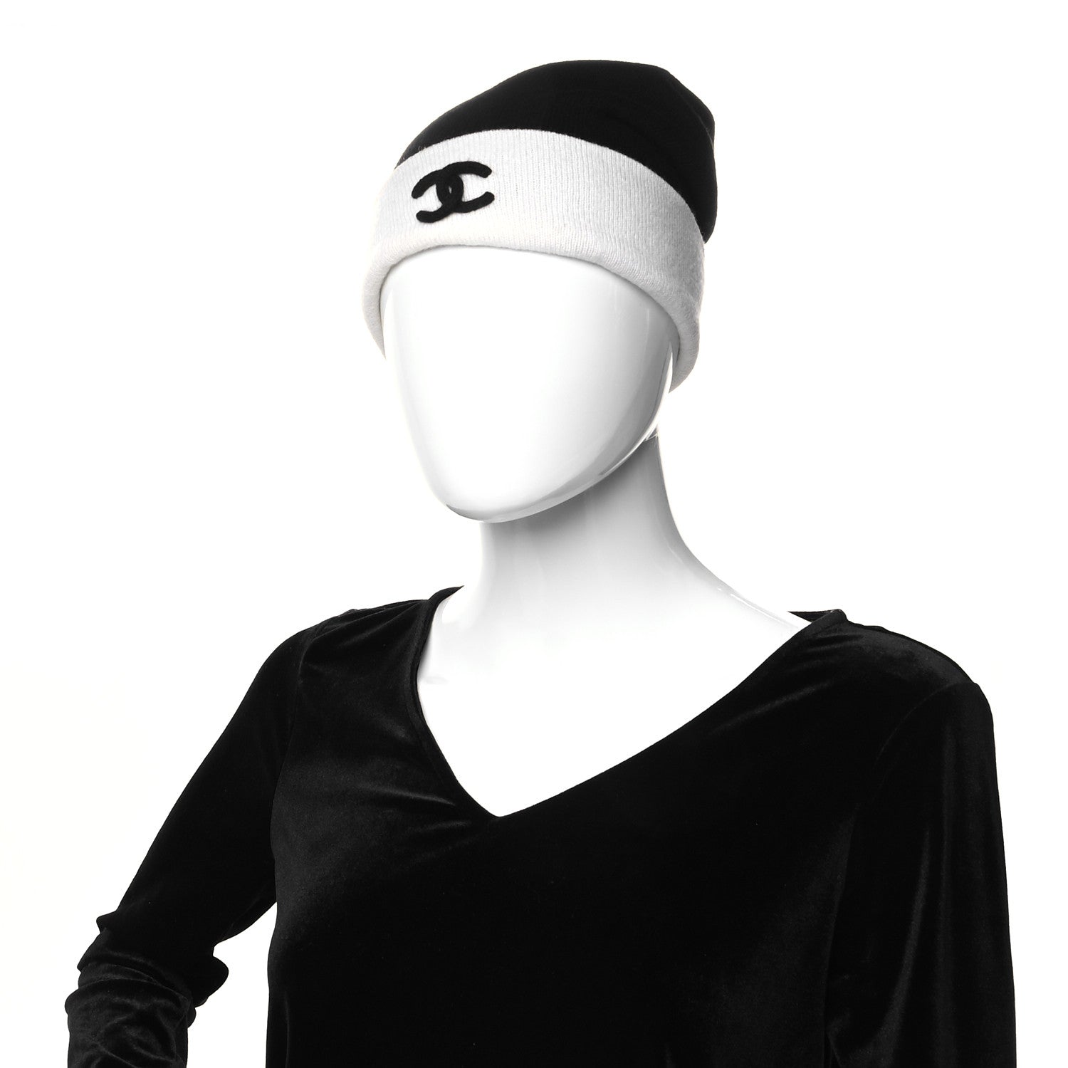 Chanel Cashmere CC Beanie Hat Black White 2 of 5