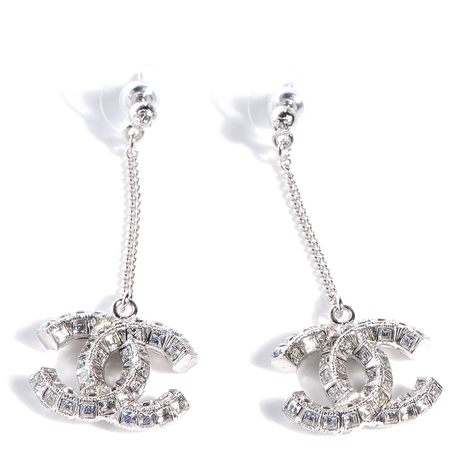 Baguette Crystal CC Drop Earrings Silver