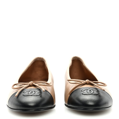 Chanel Lambskin Cap Toe CC Ballerina Flats 37.5 Beige Black 2 of 9