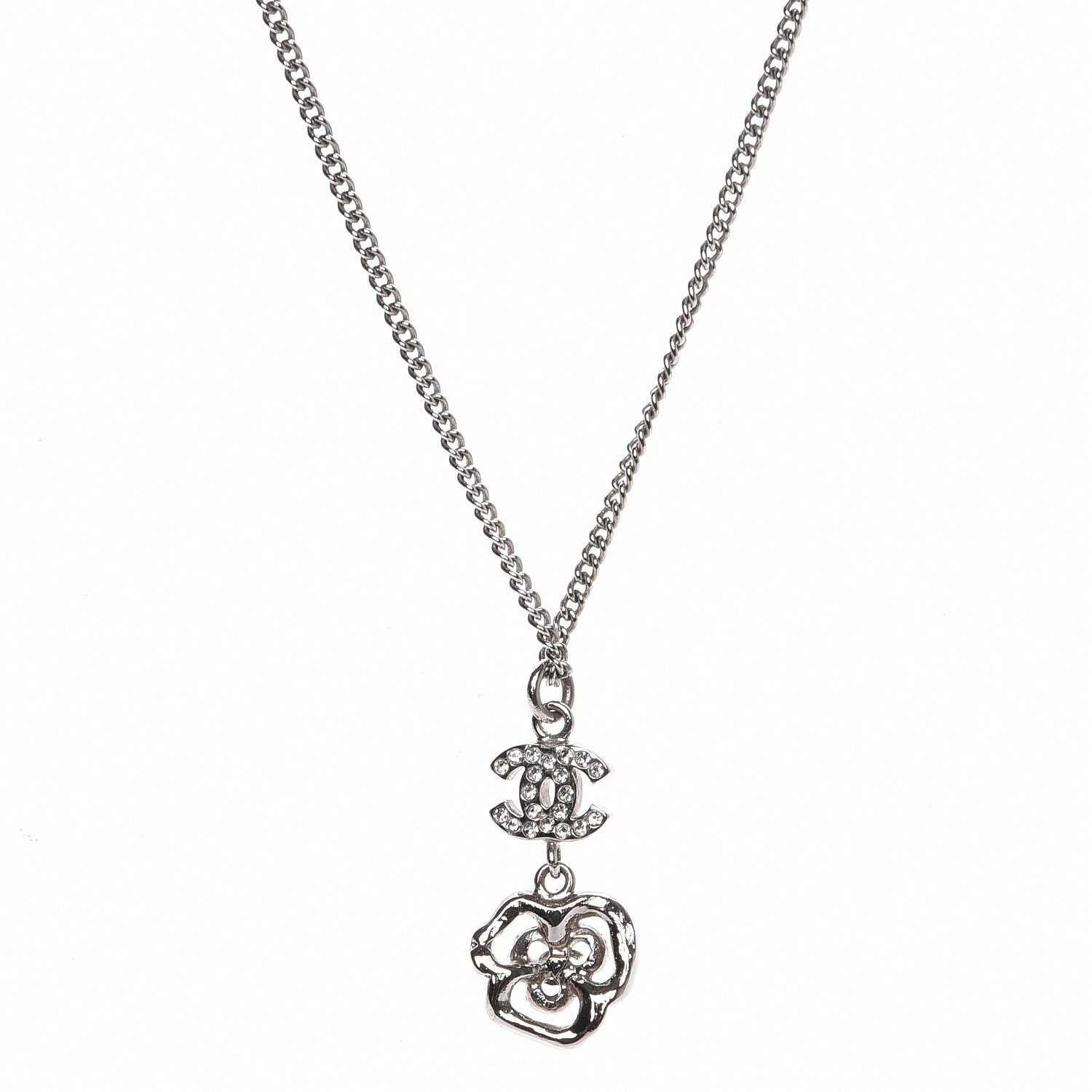 Chanel Crystal CC Camellia Necklace Silver 3 of 4
