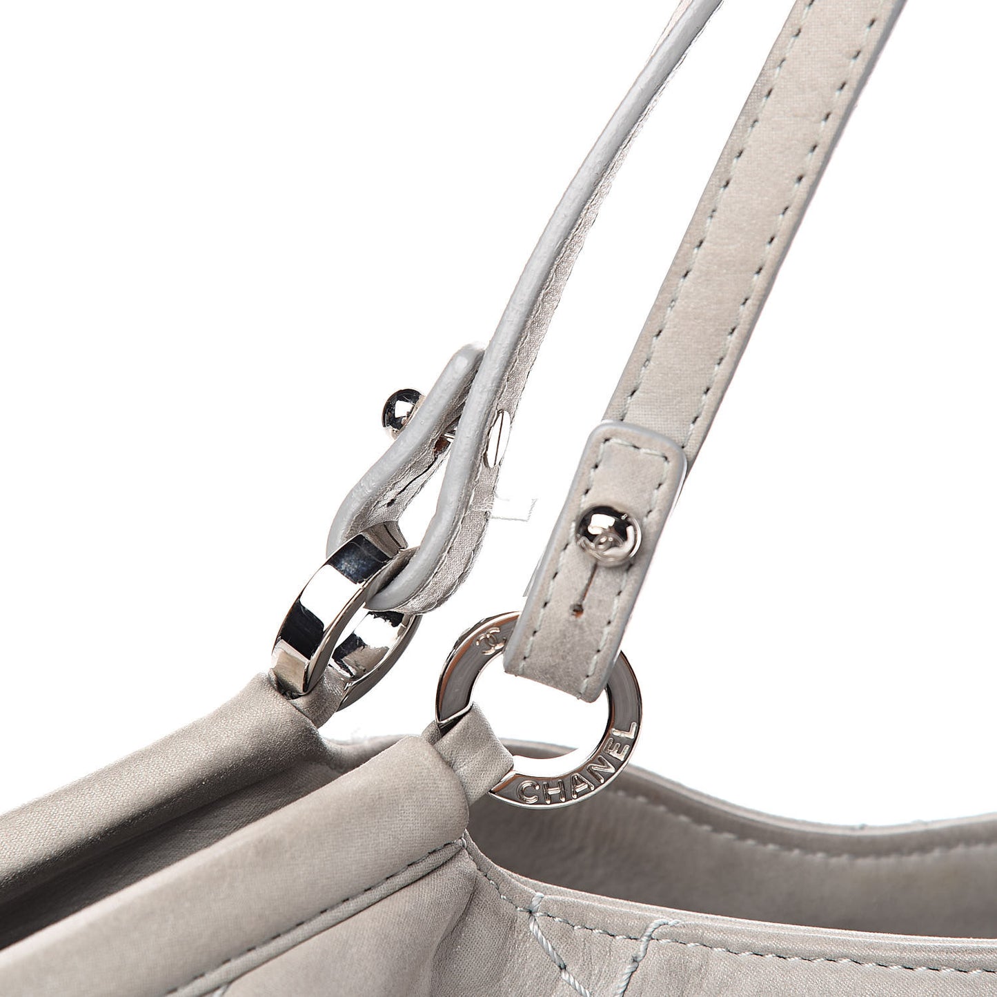 Iridescent Calfskin Diamond Stitched CC Shopping Tote Gris Clair