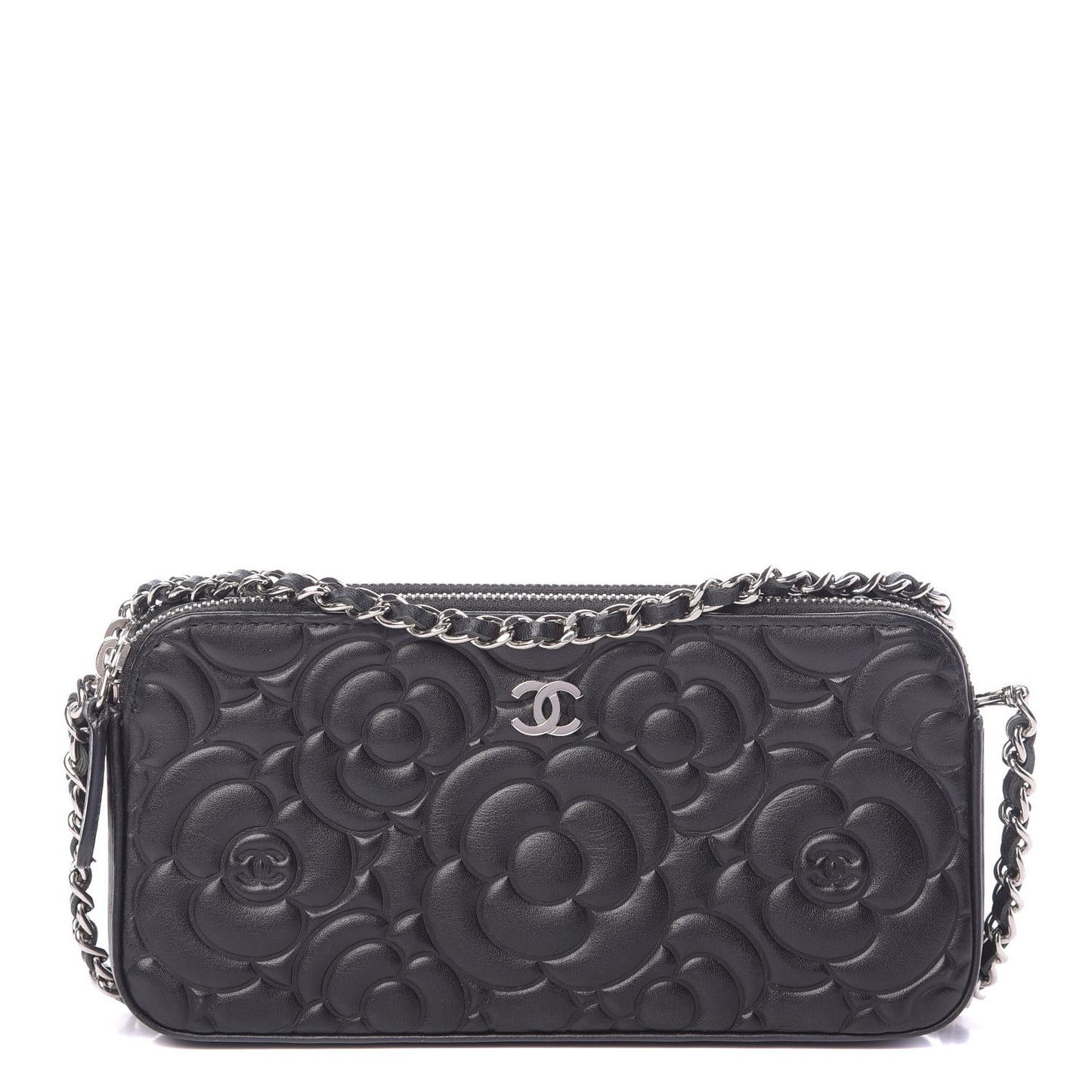 Lambskin Camellia Embossed Small Clutch With Chain Black