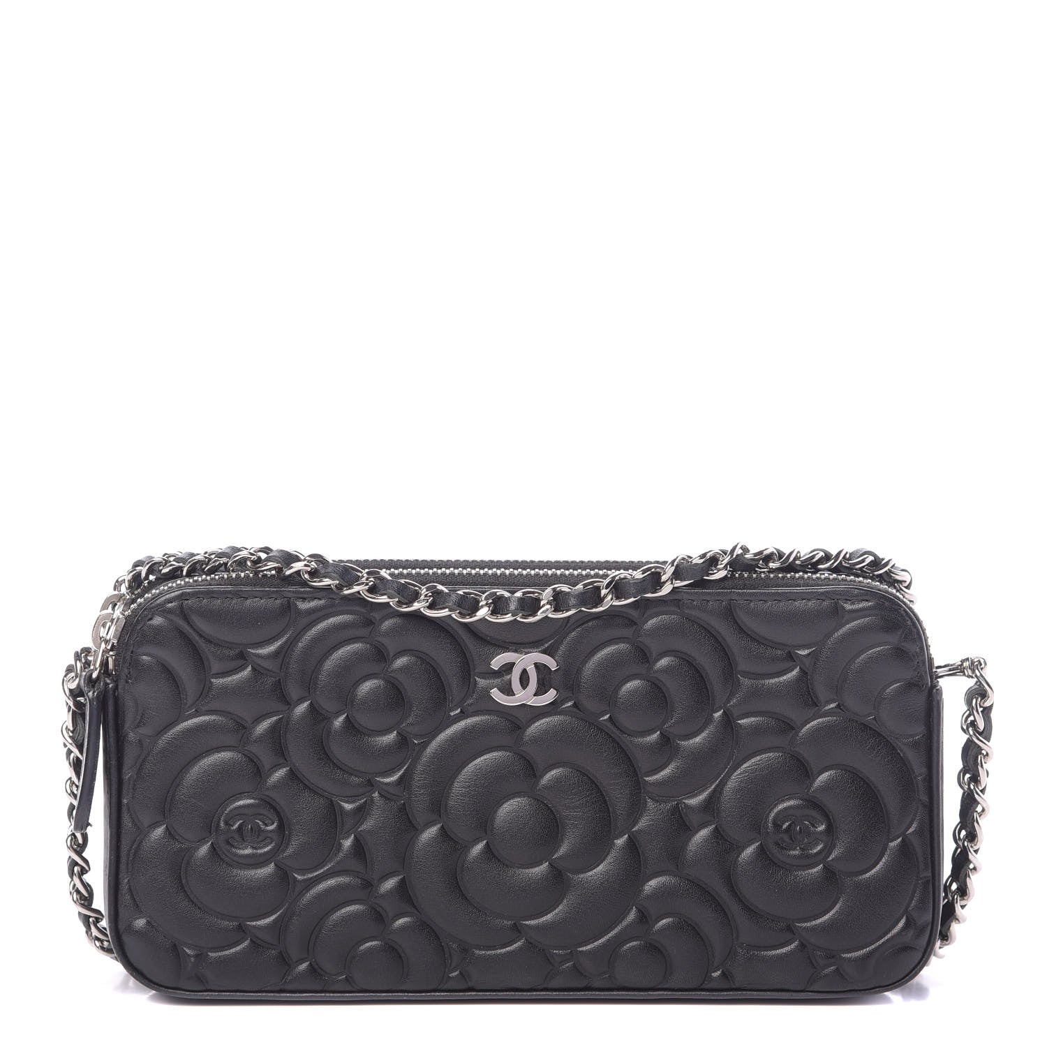Chanel Lambskin Camellia Embossed Small Clutch With Chain Black 1 of 16