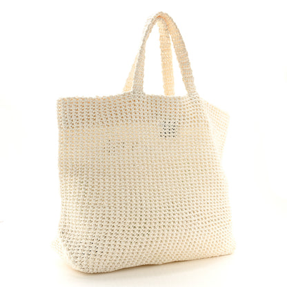 Prada Yarn Raffia Effect Crochet Embroidered Large Logo Tote White 3 of 11