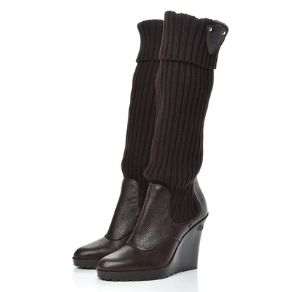 Gucci Wool Calfskin Knee Length Sock Boots 38 Brown 3 of 9