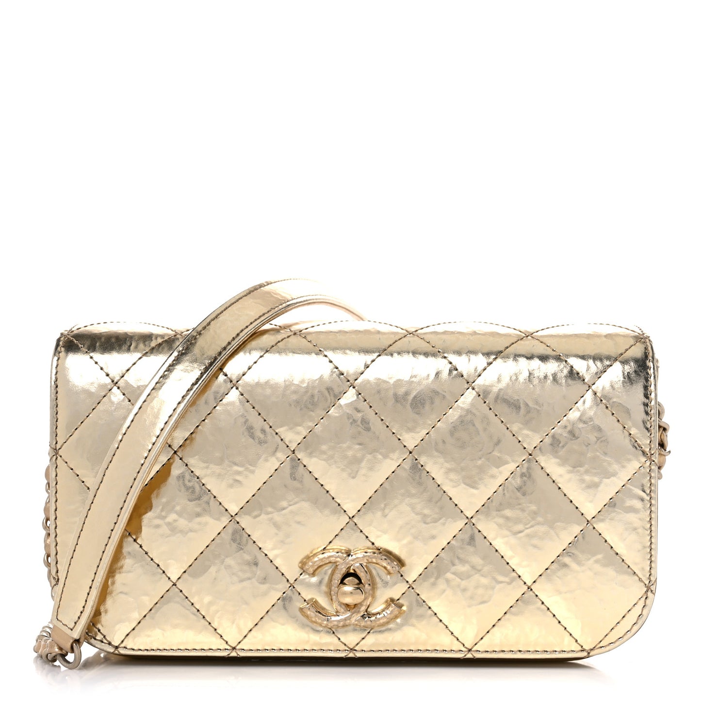 Hammered Metallic Calfskin Quilted Flap Gold