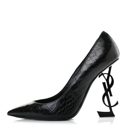Saint Laurent Calfskin Crocodile Embossed Opyum 110 Pumps 37.5 Black 1 of 8