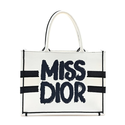 Christian Dior Canvas Embroidered Medium Miss Dior Graffiti Book Tote Navy White 1 of 11