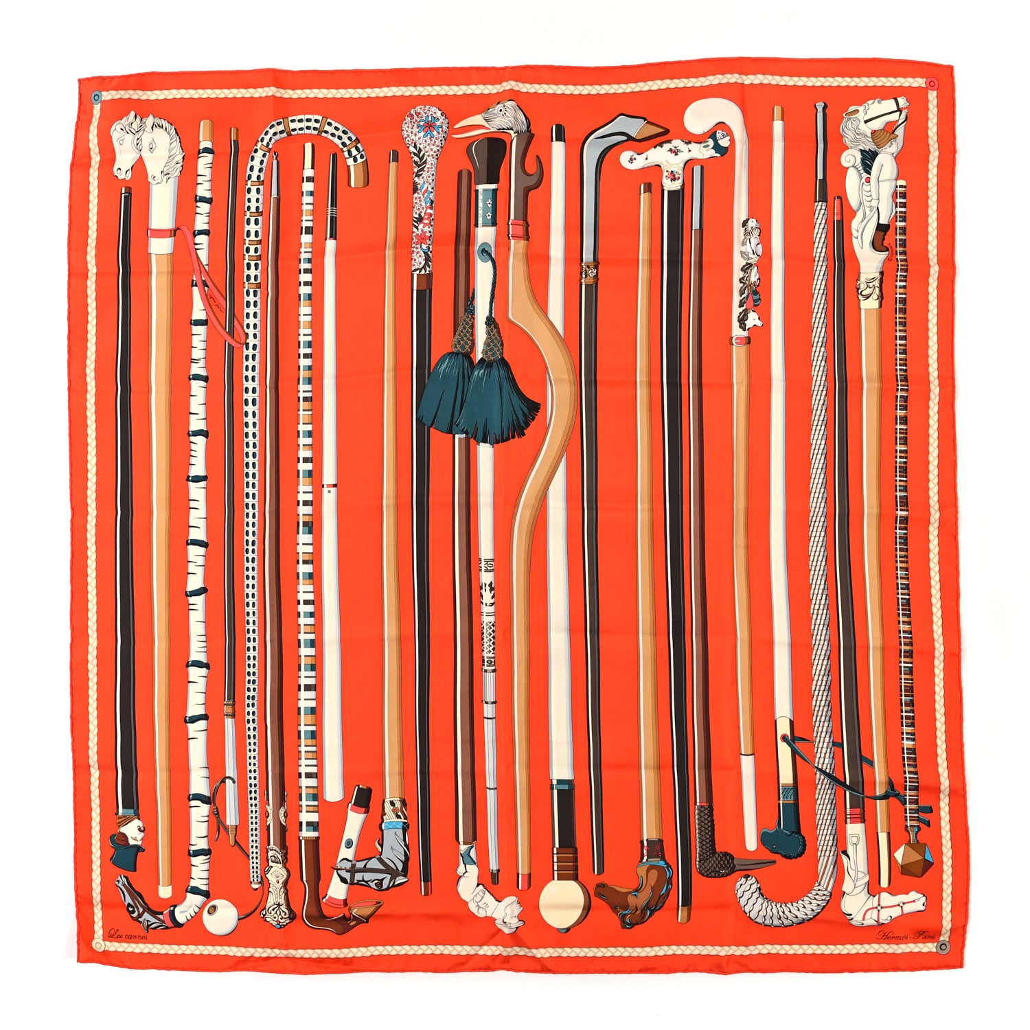 Hermes Silk Les Cannes Scarf 90 Capucine Brun Grege 1 of 3