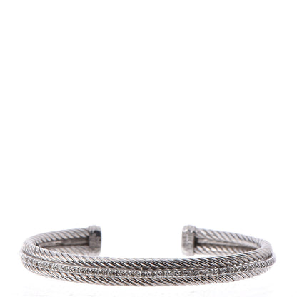 David Yurman Sterling Silver 14K White Gold Diamond 7mm Cable Classics Cuff Bracelet 1 of 6
