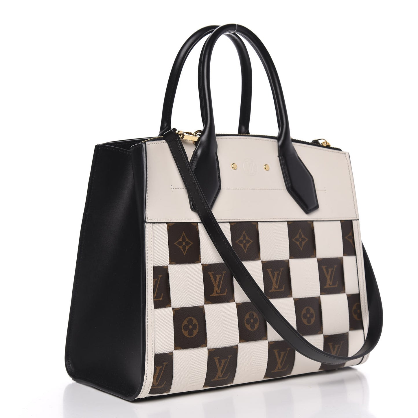 Calfskin Monogram Damier Tressage City Steamer MM Creme