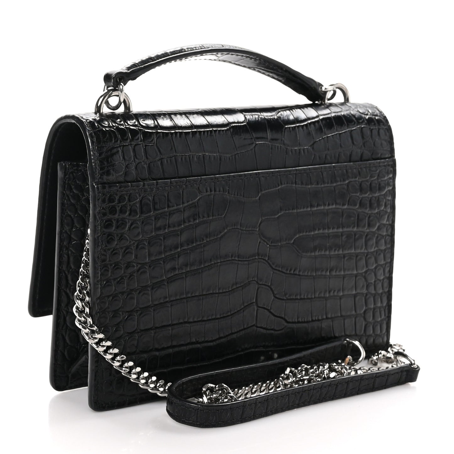 Calfskin Crocodile Embossed Monogram Sunset Top Handle Chain Wallet Black