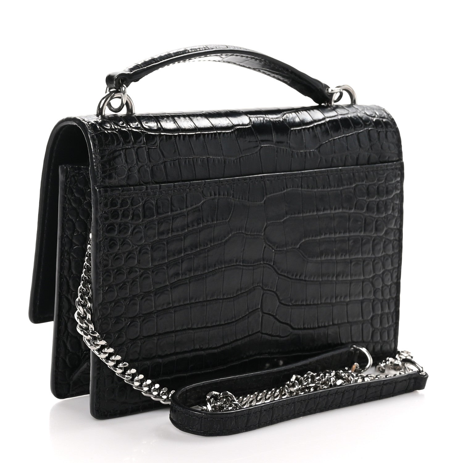 Saint Laurent Calfskin Crocodile Embossed Monogram Sunset Top Handle Chain Wallet Black 3 of 9