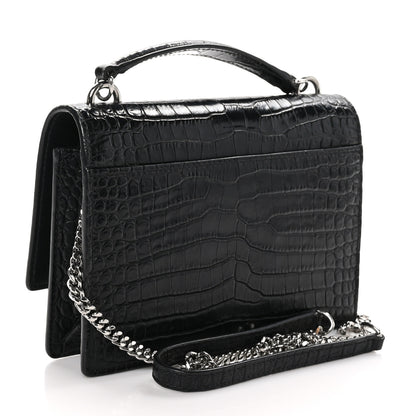 Saint Laurent Calfskin Crocodile Embossed Monogram Sunset Top Handle Chain Wallet Black 3 of 9