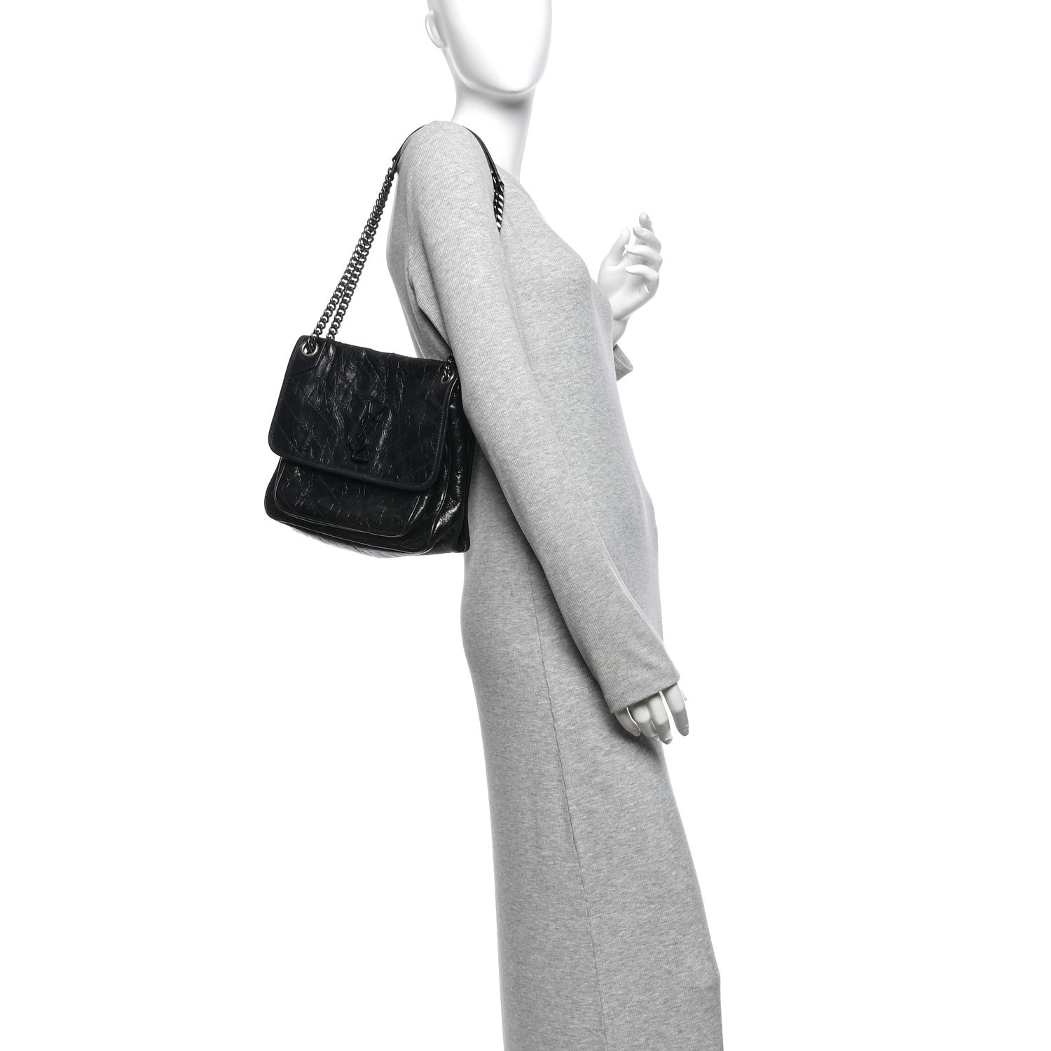 Saint Laurent Crinkled Calfskin Matelasse Monogram Medium Niki Chain Satchel Black 2 of 10