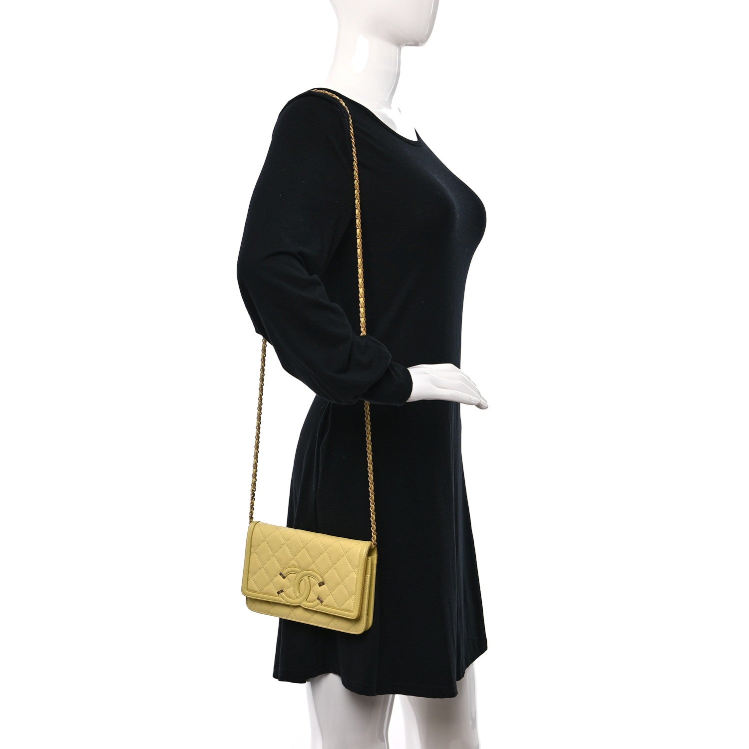 Chanel Caviar Quilted CC Filigree Wallet On Chain WOC Yellow 3 of 10