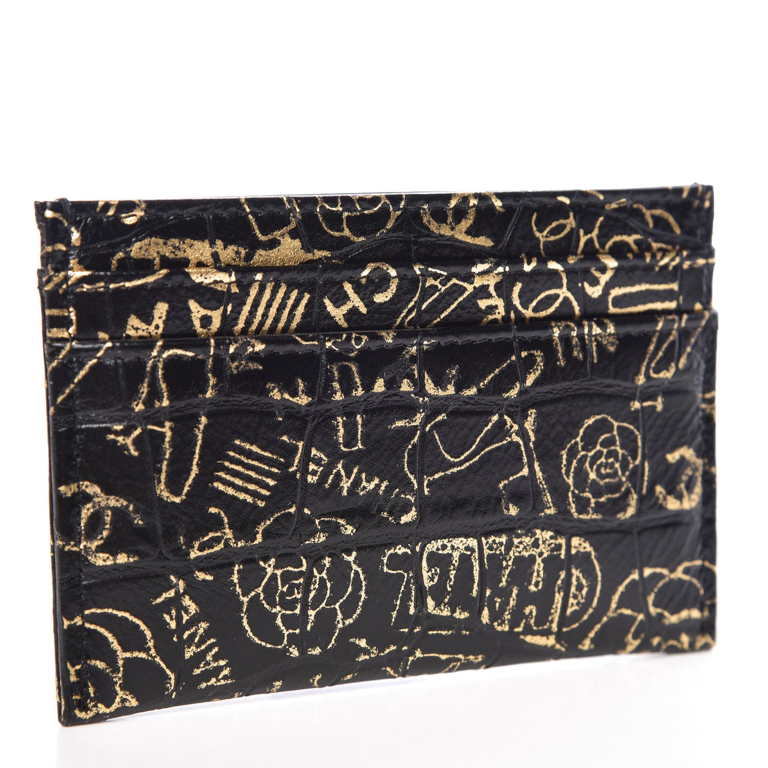 Chanel Calfskin Crocodile Embossed Graffiti 2.55 Cocodile Reissue Card Holder Black Gold 3 of 9