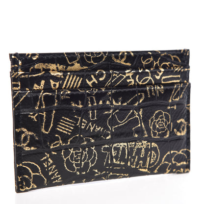 Chanel Calfskin Crocodile Embossed Graffiti 2.55 Cocodile Reissue Card Holder Black Gold 3 of 9