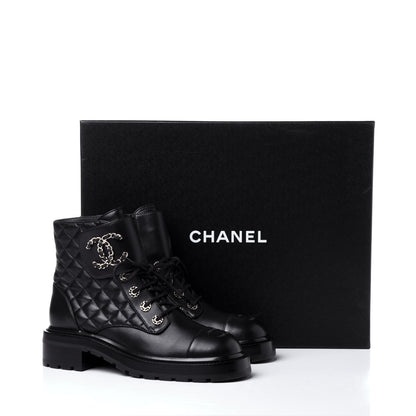 Chanel Shiny Lambskin Quilted Lace Up Combat Boots 38 Black 12 of 12