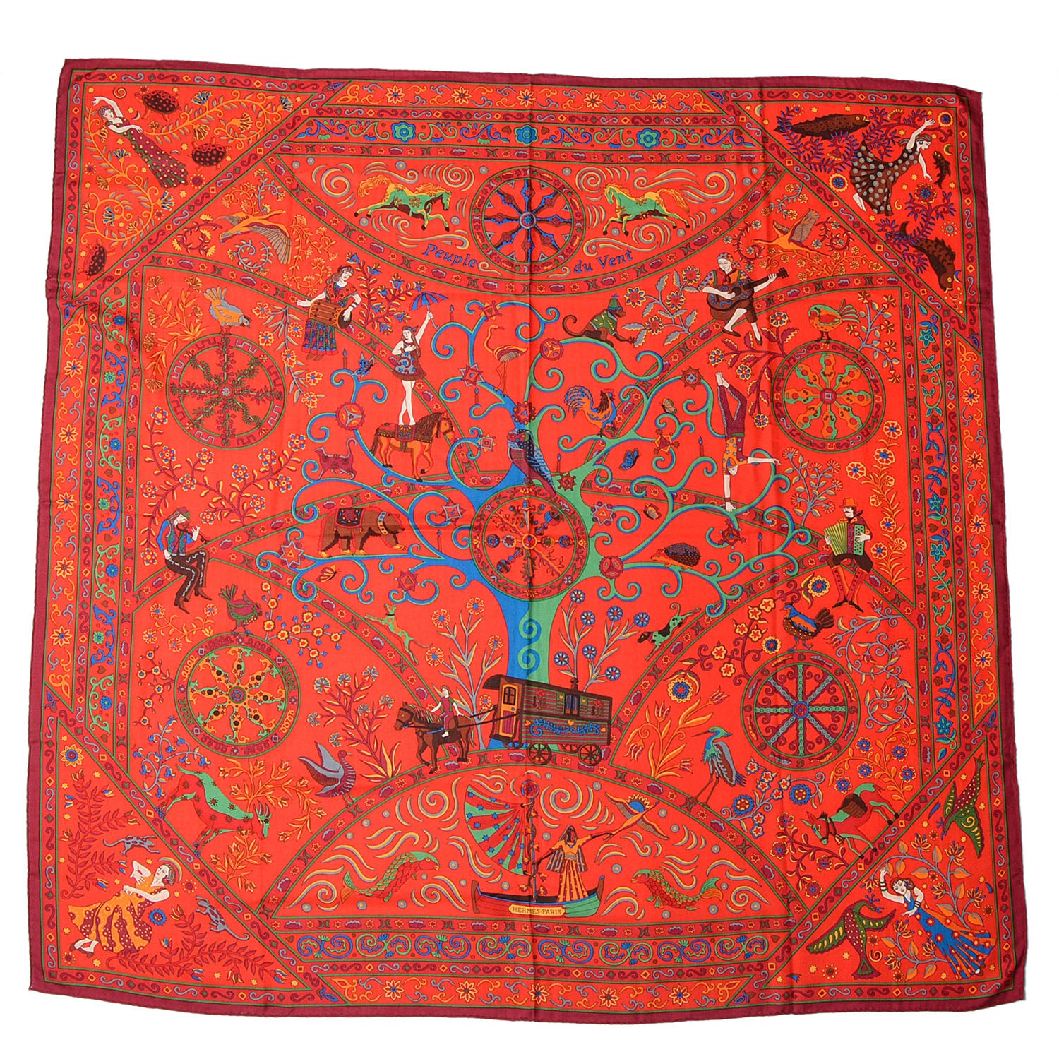 Hermes Cashmere Silk Peuple Du Vent Shawl 140 Rouge Vert Bordeaux 3 of 7
