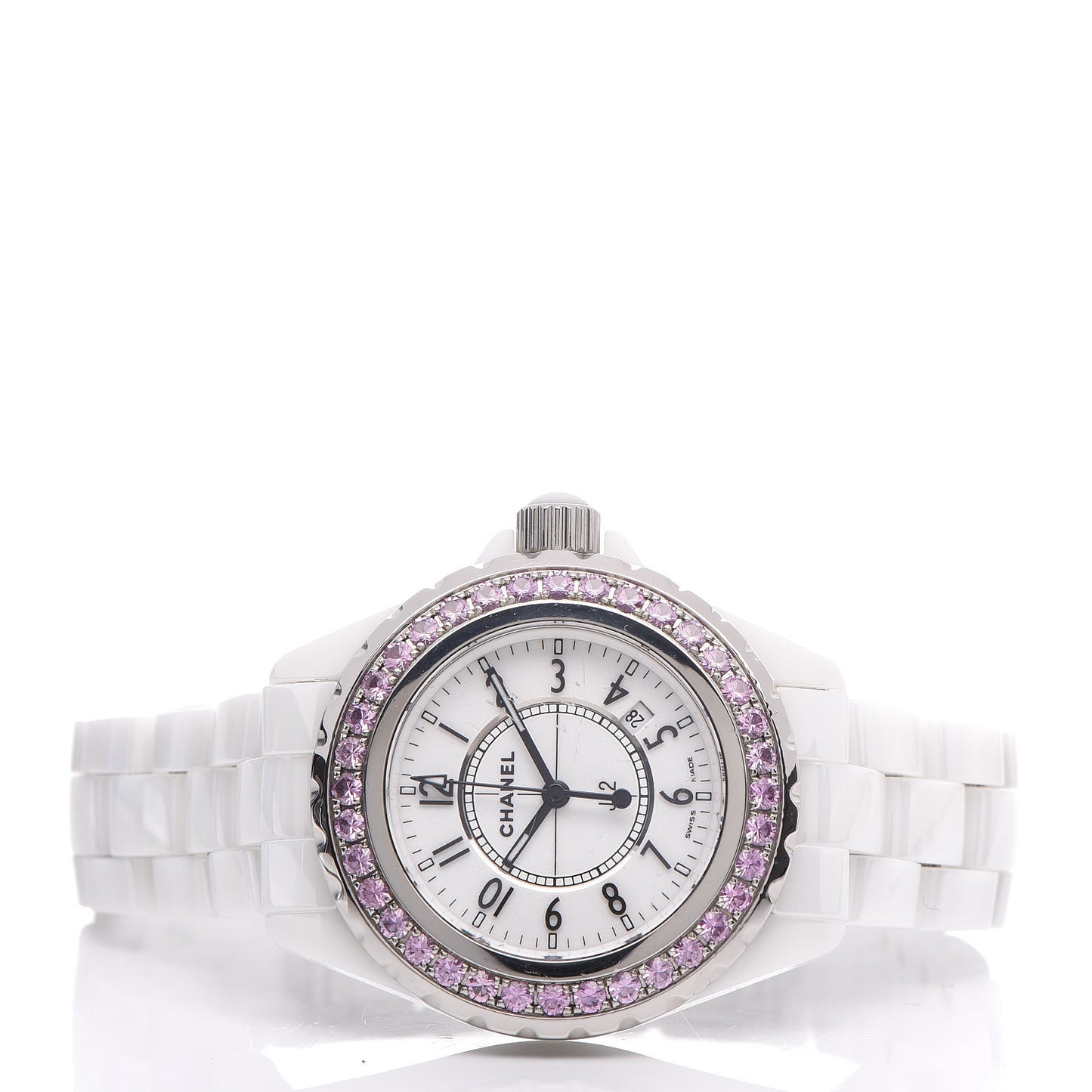 Stainless Steel Ceramic Pink Sapphire 33mm J12 Quartz Watch White