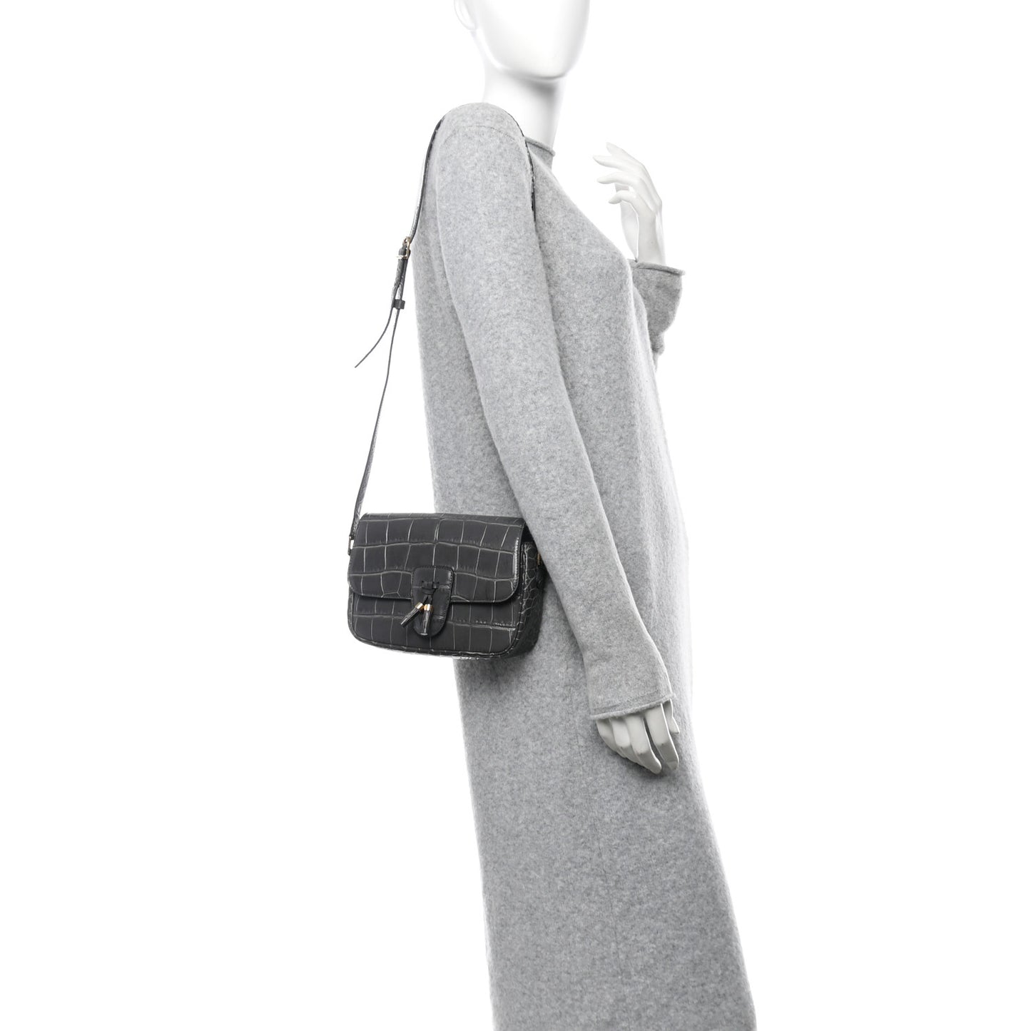 Calfskin Crocodile Embossed Medium Tassel Bag Anthracite