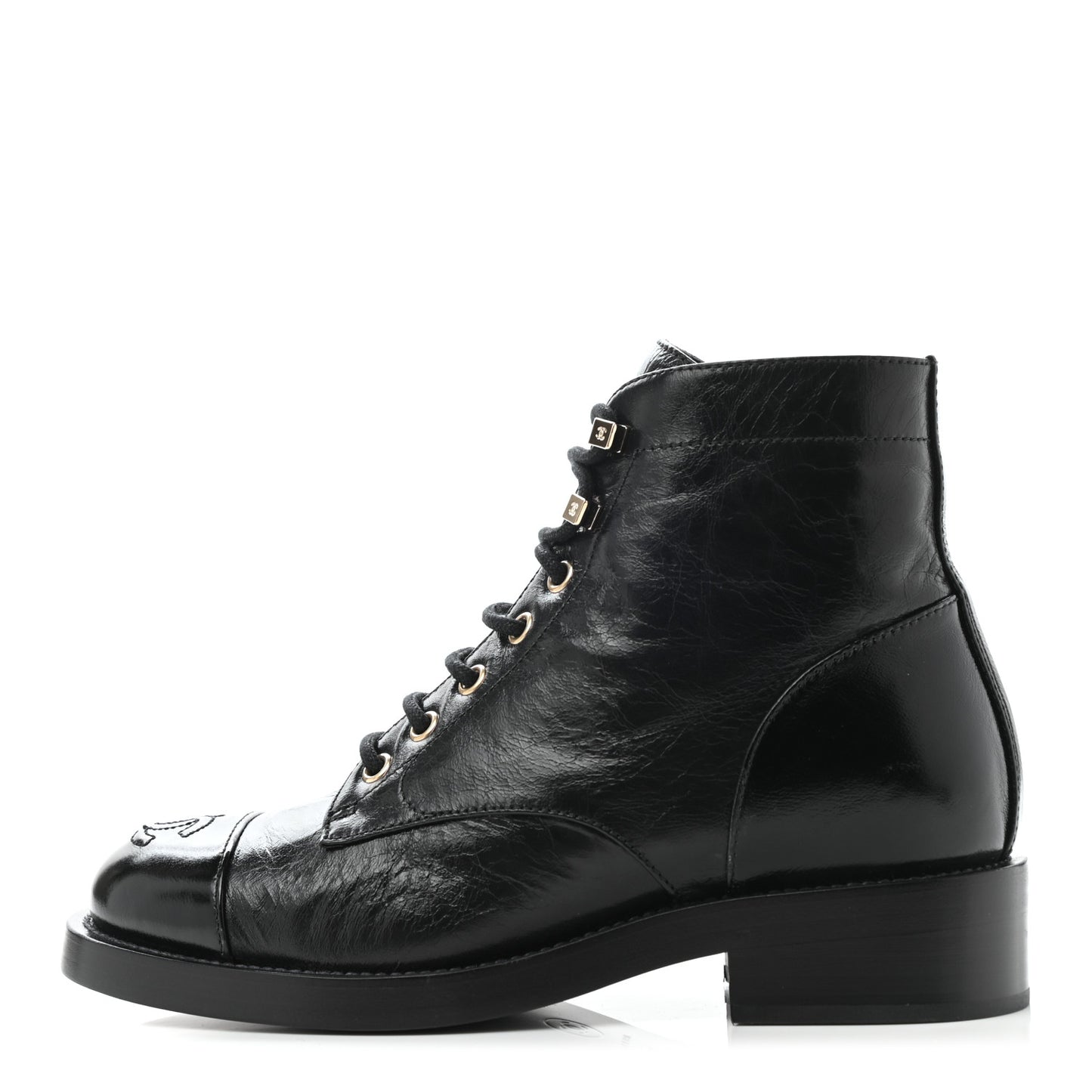 Crumpled Lambskin Shiny Calfskin Lace Up Combat Boots 36 Black
