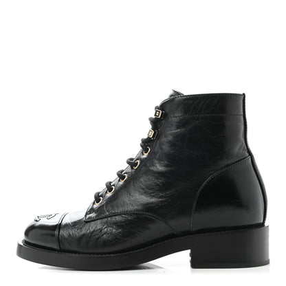 Chanel Crumpled Lambskin Shiny Calfskin Lace Up Combat Boots 36 Black 1 of 10
