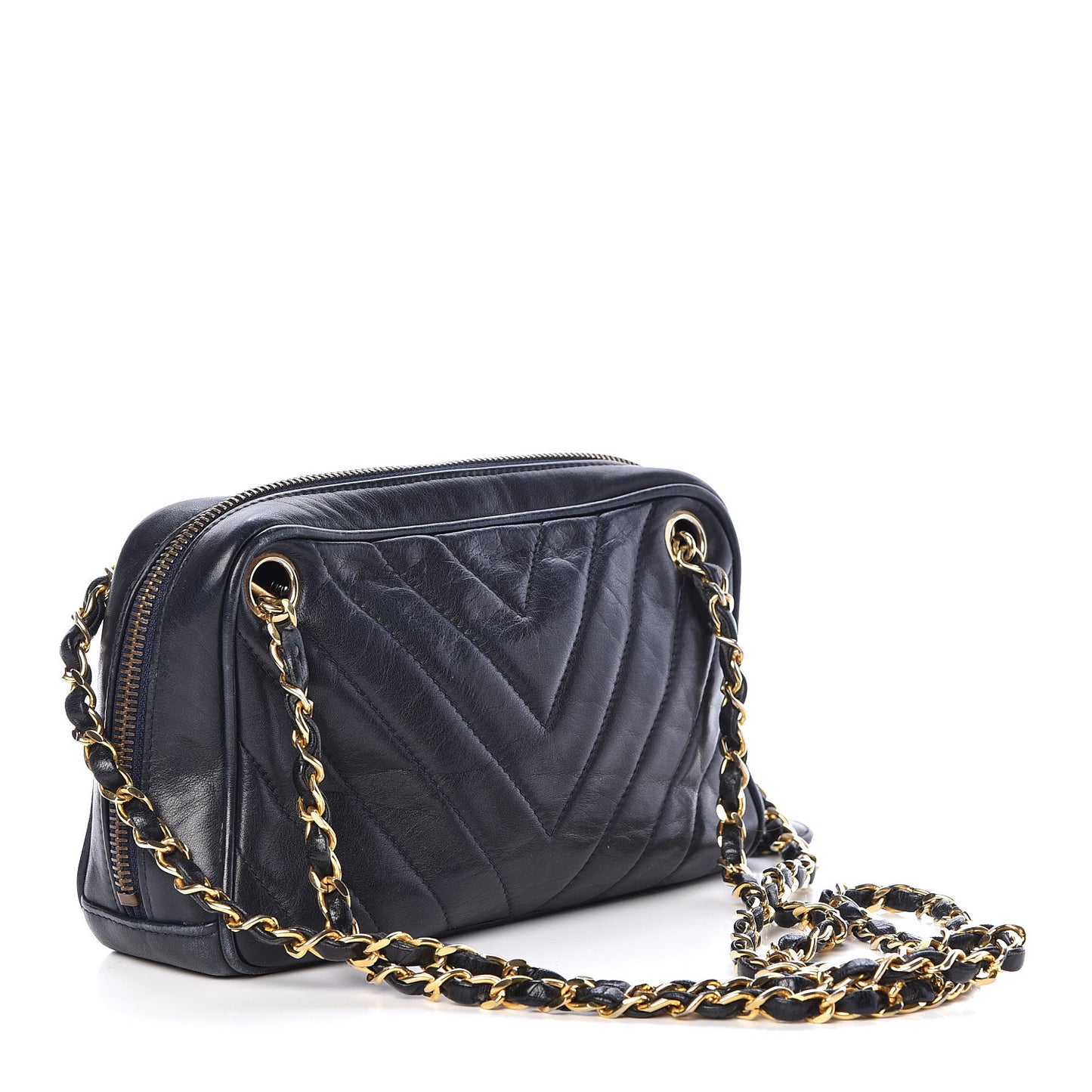 Lambskin Chevron Quilted Small Camera Case Black