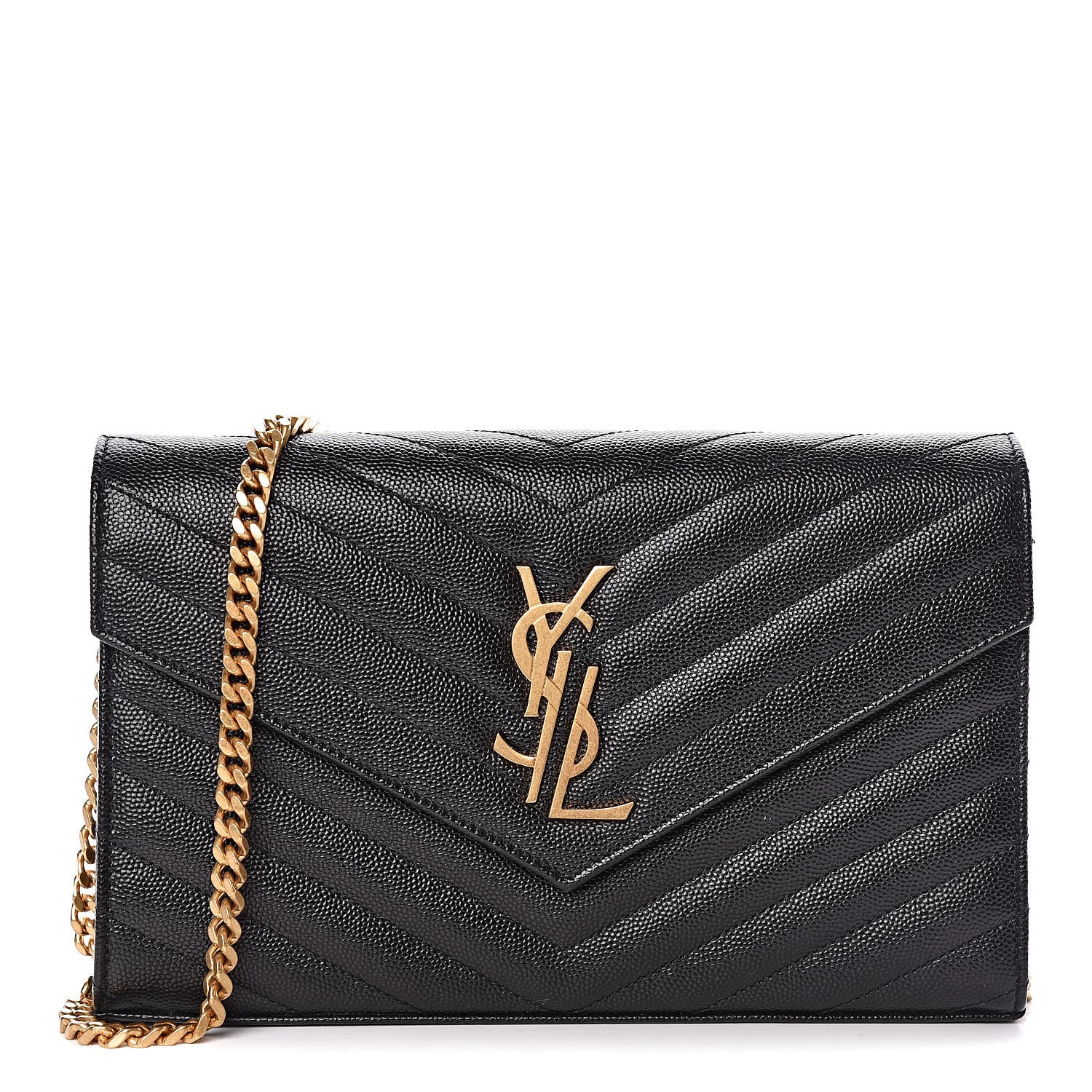 Saint Laurent Grain De Poudre Matelasse Chevron Deconstructed Monogram Chain Wallet Black 1 of 11