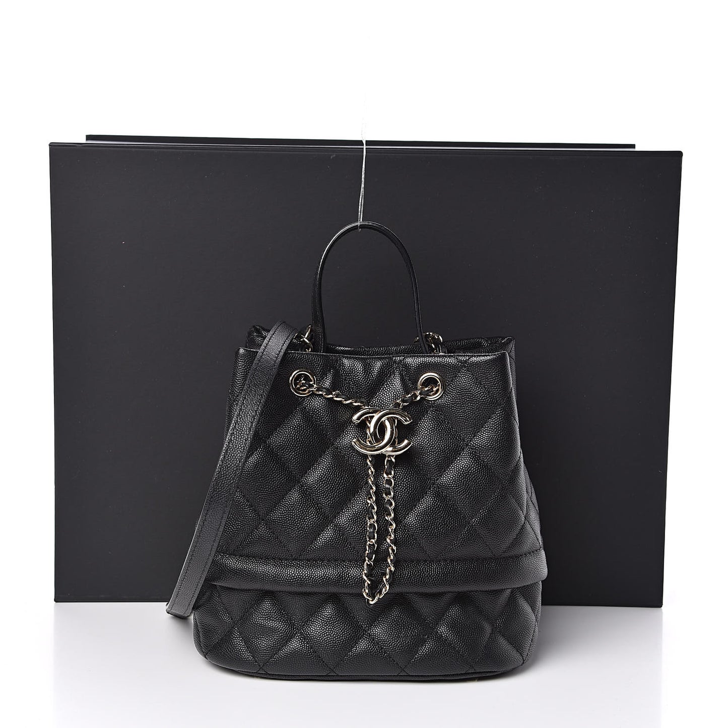 Caviar Quilted Large Rolled Up Bucket Drawstring Bag Black