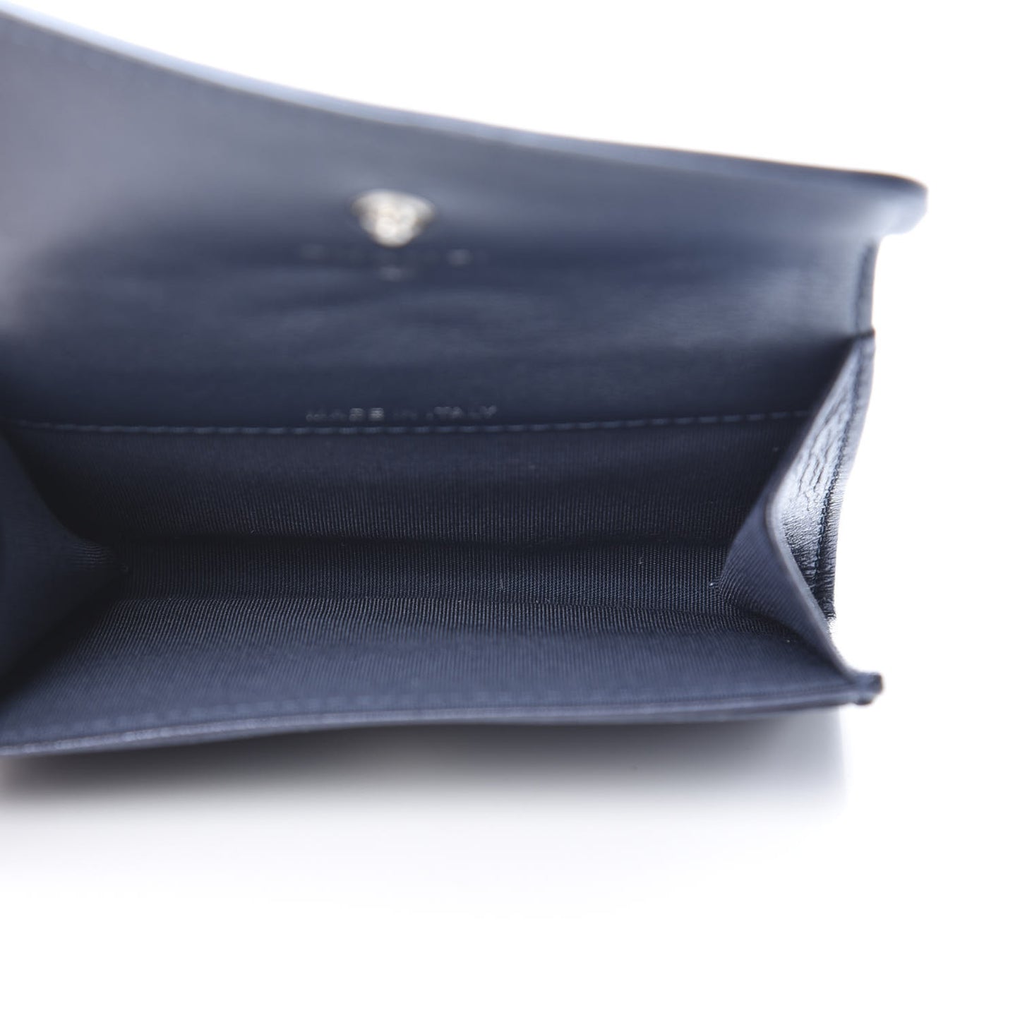 Goatskin Camellia Embossed Flap Card Holder Wallet Dark Blue