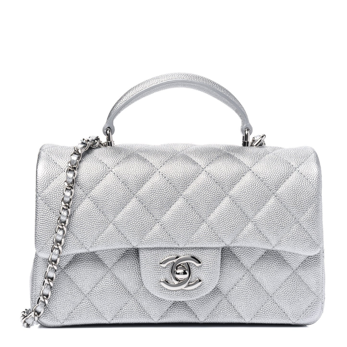 Metallic Caviar Quilted Mini Top Handle Rectangular Flap Silver