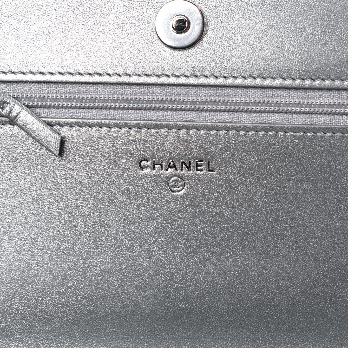 Metallic Lambskin Crystal Camellia Embossed Wallet On Chain WOC Silver