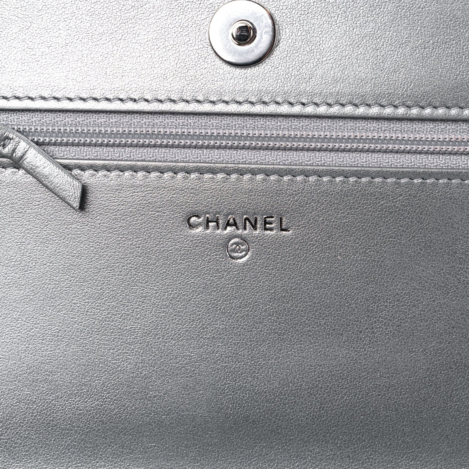 Chanel Metallic Lambskin Crystal Camellia Embossed Wallet On Chain WOC Silver 6 of 12