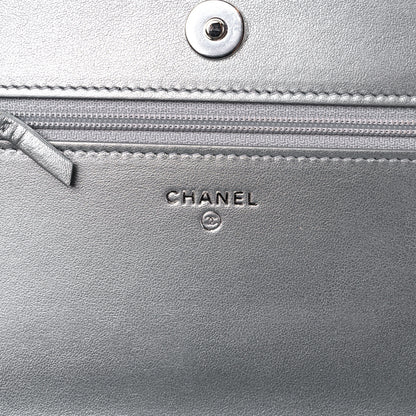 Chanel Metallic Lambskin Crystal Camellia Embossed Wallet On Chain WOC Silver 6 of 12
