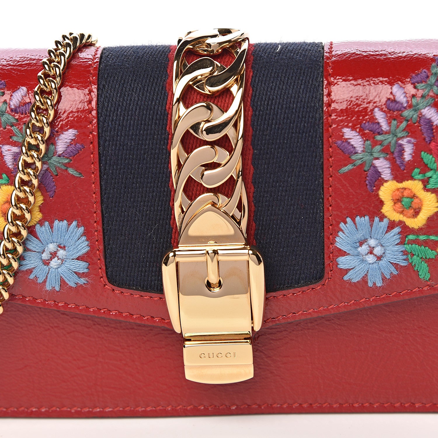 Gucci Patent Embroidered Super Mini Sylvie Chain Shoulder Bag Hibiscus Red 8 of 11