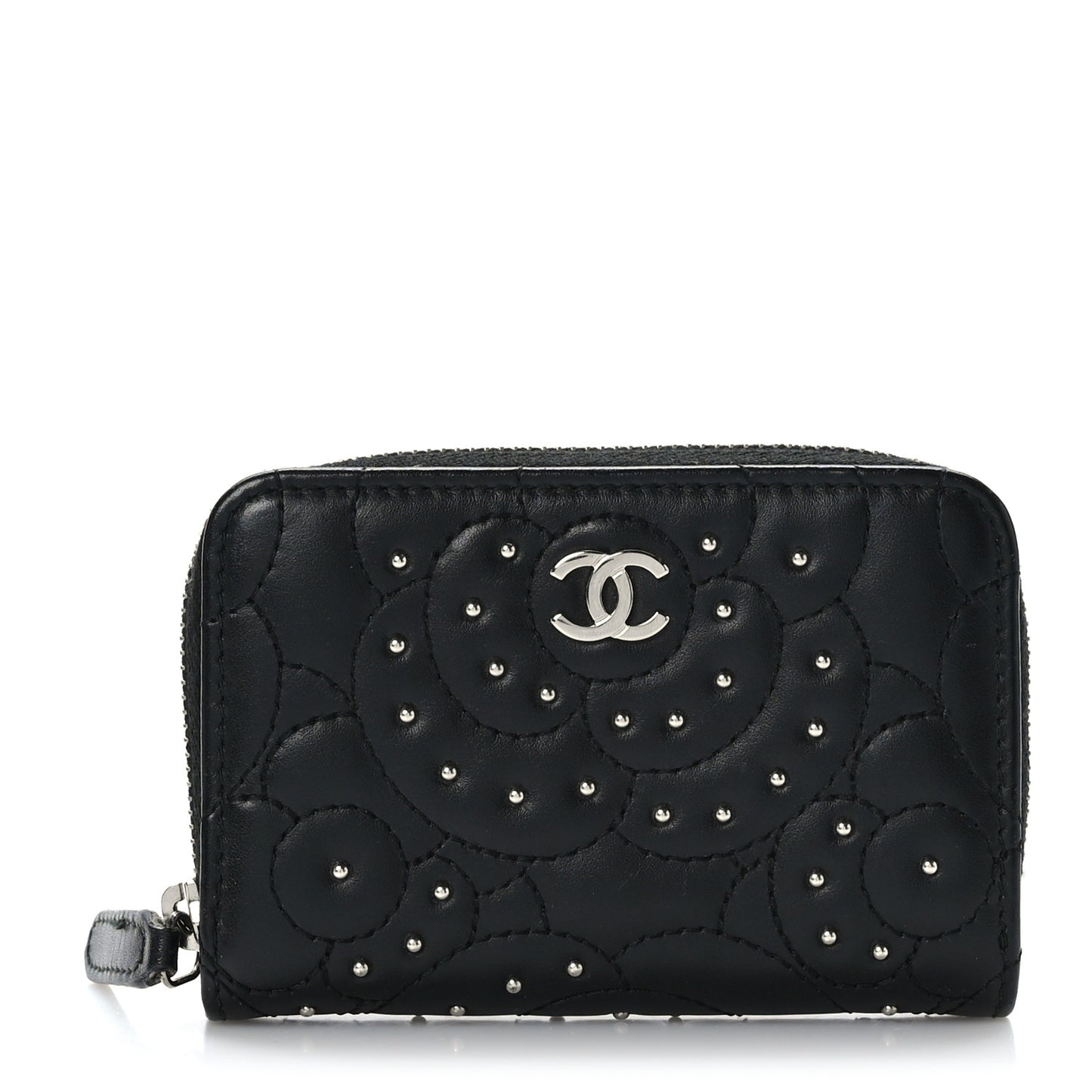 Lambskin Camellia Embossed Studded Zip Coin Purse Black