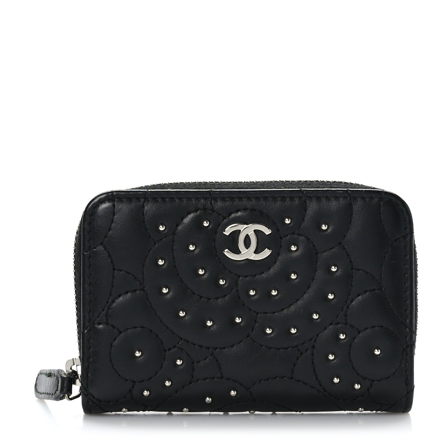 Chanel Lambskin Camellia Embossed Studded Zip Coin Purse Black 1 of 7
