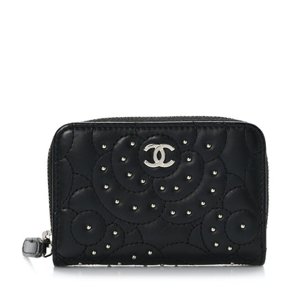Chanel Lambskin Camellia Embossed Studded Zip Coin Purse Black 1 of 7