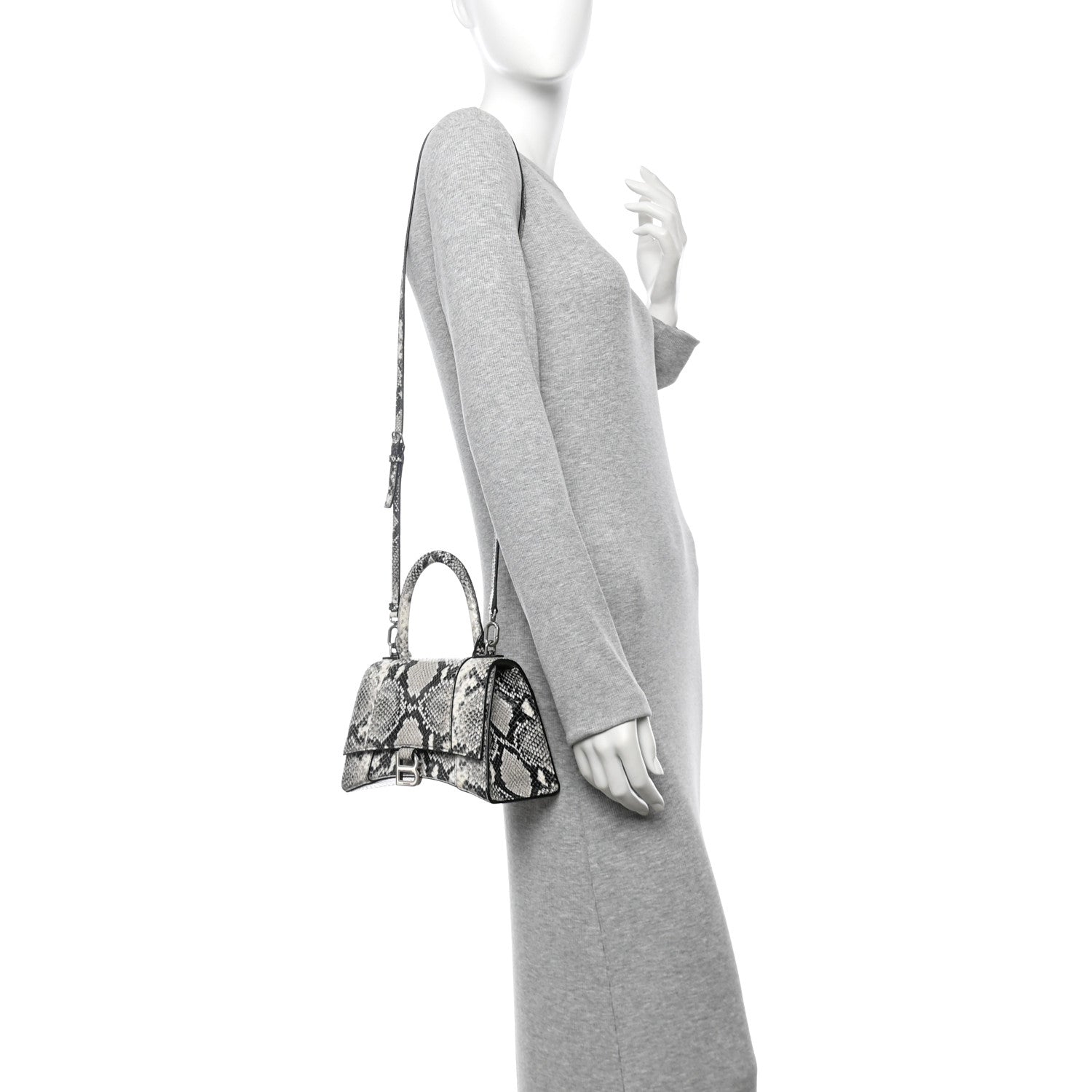 Balenciaga Calfskin Snake Effect Small Hourglass Top Handle Bag Black White 2 of 11