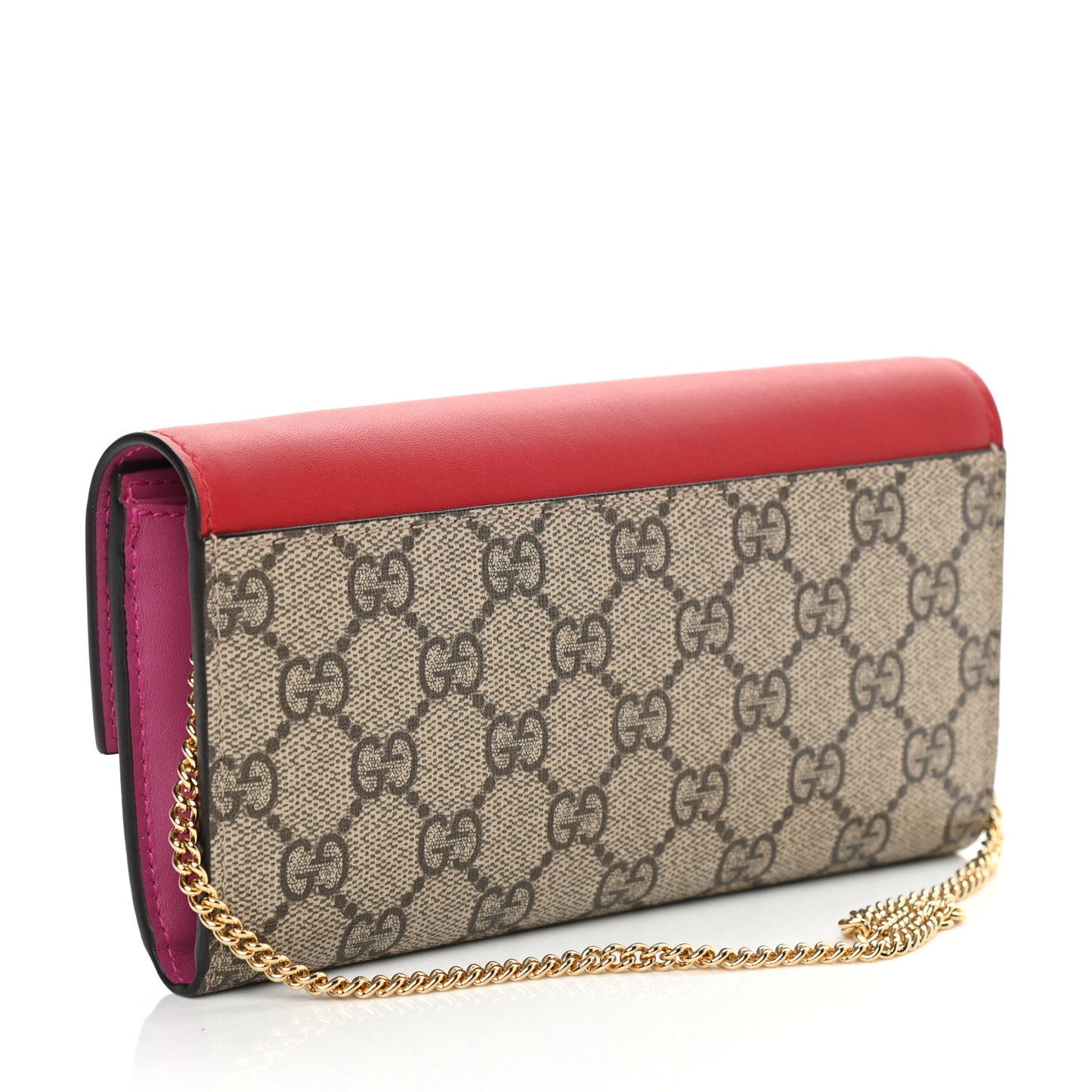 GG Supreme Monogram Moon Calfskin Padlock Continental Chain Wallet Beige Ebony Hibiscus Red New Rosette