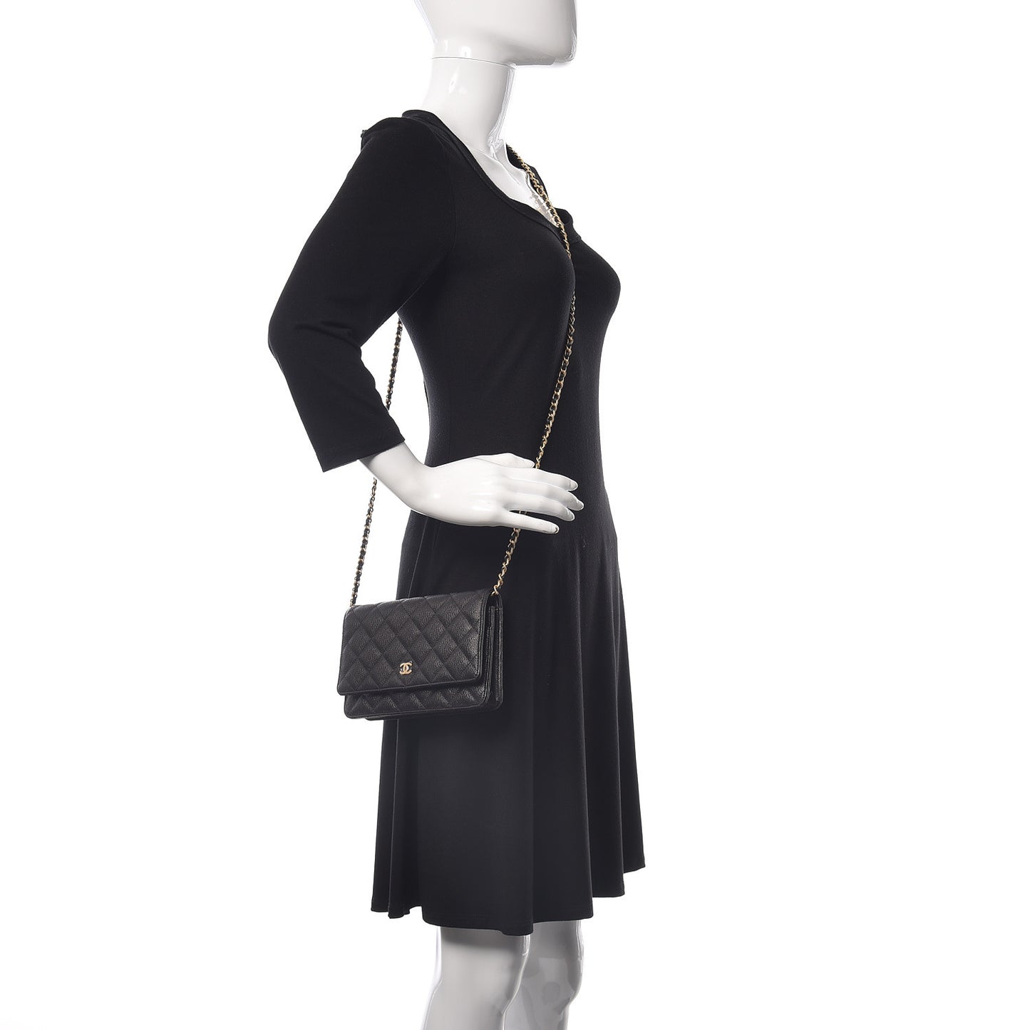 Letter Calfskin Embossed Quilted Wallet On Chain WOC Black